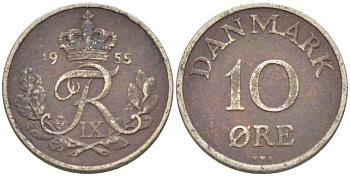 ДАНИЯ 10 ЭРЕ 1955 N; S, ФРЕДЕРИК IX (1947-1972) KM 841.1 медно-никель 214-537