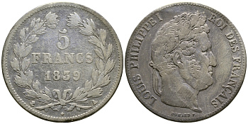Франция 5 франков 1839 А, Луи Филипп I (1830-1848) KM 749.1 серебро 79-1223