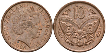 Новая Зеландия 10 центов 2006 Елизавета II (1952-2022), маска маори KM 117а сталь плакированная медью 106-1242