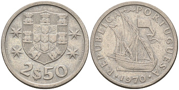 Португалия 2,5 эскудо 1970 корабль KM 590 медно-никель 4588-455