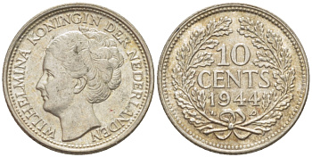Нидерланды 10 центов 1944 Вильгельмина (1890-1948) KM 163 серебро aUNC 66-1246