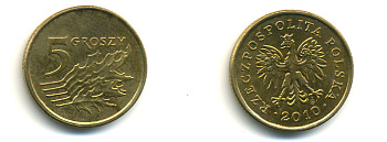 ПОЛЬША 5 ГРОШЕЙ 2010 KM 278 латунь UNC 3999-1132