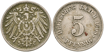 Германия 5 пфеннигов 1908 D KM 11, Jager 12, Weege 6 медно-никель 4364-3657