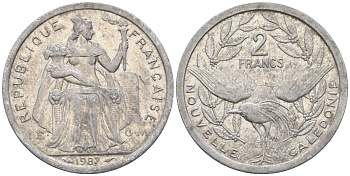 Французская Новая Каледония 2 франка 1987 птица кагу, (IEOM) KM 14, Schoen 11, Lec 64 алюминий    08-1122