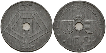 Бельгия 10 сантимов 1943 Belgie - Belgique, Леопольд III (1934-1947), германская оккупация, Вторая мировая война KM 126 цинк 4161-341