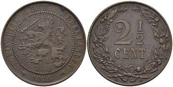 НИДЕРЛАНДЫ 2 1/2 ЦЕНТА 1905 KM 134 бронза 73-1443