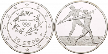 Греция 10 евро 2003 XXVIII летние Олимпийские игры 2004 года в Афинах, метание копья KM 193 серебро PROOF 1088-4-53