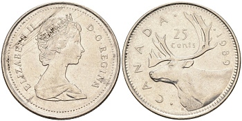 Канада 25 центов 1989 Елизавета II (1952-), олень KM 74 никель 4575-131