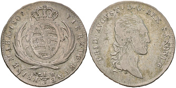 Саксония 1/3 талера 1809 SGH, Фридрих Август I (1806-1827) KM 1051.1, AKS 35 серебро 4587-736