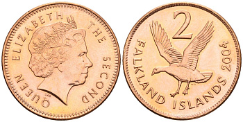 Фолклендские острова 2 пенса 2004 Елизавета II (1952-2022), магелланов гусь KM 131 сталь плакированная медью aUNC 87-116