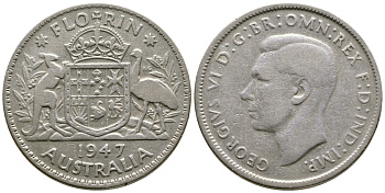 Австралия 1 флорин 1947 Георг VI (1937-1952), герб Австралии KM 40a серебро 4379-221