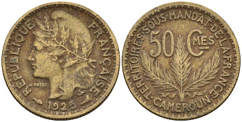 Французский Камерун 50 сантимов 1925 (а), монетный двор Париж KM 1 алюминиевая бронза 4164-1222
