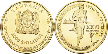 Танзания 2000 шиллингов 1996 XXVI Олимпийские игры 1996 года в Атланте, 100 лет Олимпийскому движению, бег, пробник, гладкий гурт латунь PROOF 06-135-23