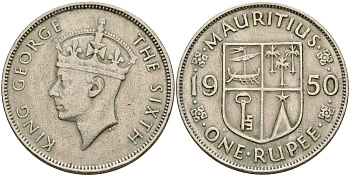 Маврикий 1 рупия 1950 Георг VI (1936-1952) KM 29.1 медно-никель 4607-122