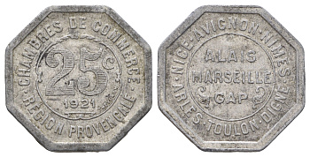 Франция, Марсель 25 сантимов 1921 диаметр 23,5 мм, вес 1,5 гр Elie mon 10.8 алюминий 4126-1142