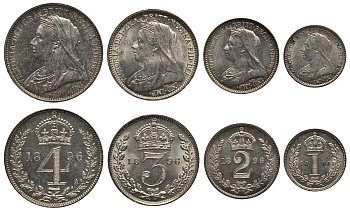 Великобритания набор из 4 монет 1896 1, 2, 3 и 4 пенса, Манди сет, в оригинальной коробке, Виктория (1837-1901) Seaby 3943 серебро UNC 00-821-63