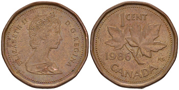 Канада 1 цент 1986 Елизавета II (1952-2022), кленовый лист KM 132 бронза 54-923