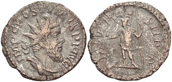 Римская Империя (императоры в Галлии) антониниан 261 Постум. IMP C POSTVMVS P F AVG / P M TR P COS II P P, император в военном доспехе, держит копье и сферу, Августа Треверов, Good Very fine RIC 54 биллон 1073-12-44