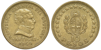 Уругвай 10 песо 1965 KM 48 алюминиевая бронза 81-345