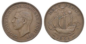 Великобритания 1/2 пенни 1951 Георг VI (1936-1952) KM 868, Spink 4118 бронза 4662-1124