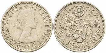 Великобритания 6 пенсов 1958 Елизавета II (1952-2022) KM 903, Spink 4149 медно-никель 214-1064