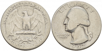 США 25 центов = квотер 1942 Вашингтон KM 164 серебро 4546-1242