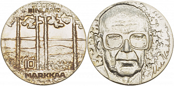 Финляндия 10 марок 1975 S-H, 75 лет президенту Урхо Кекконену KM 54 серебро UNC 1515-1532
