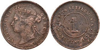 Стрейтс-Сетлментс 1 цент 1874 Виктория (1837-1901), Ост-Индская компания KM 9 медь 4590-346