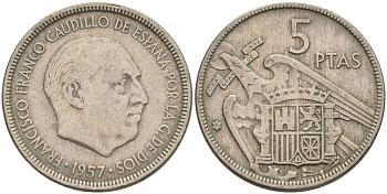 Испания 5 песет 1957 (64) Франсиско Франко (1939 - 1975) KM 786 медно-никель 4155-542