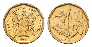 ЮАР 10 центов 1995 герб, цветок алоэ KM 135 сталь плакированная бронзой UNC 4694-723