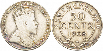 Ньюфаундленд 50 центов 1908 Эдуард VII (1901-1910) KM 11 серебро 650-1213
