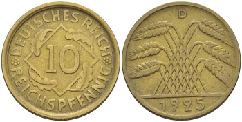 ГЕРМАНИЯ 10 РЕЙХСПФЕННИГОВ 1925 D KM 40, J. 317, Weege 9 алюминиевая бронза 210-344