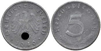 ГЕРМАНИЯ 5 РЕЙХСПФЕННИГОВ 1940 G KM 100, J. 370 цинк 105-237