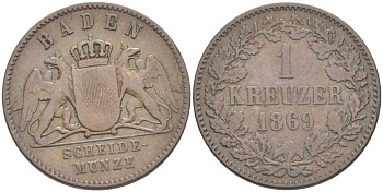 Баден 1 крейцер 1869 Великий Герцог Фридрих I (1856-1907) КМ 242 медь 117-837