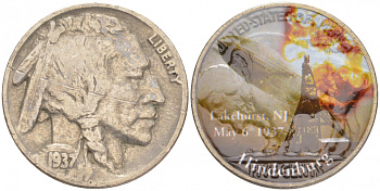 США 5 ЦЕНТОВ 1937 ИНДЕЕЦ, БИЗОН, ЦВЕТНАЯ ЭМАЛЬ, 75 ЛЕТ КАТАСТРОФЕ ДИРИЖАБЛЯ ГИНДЕНБУРГ медно-никель UNC M39-11