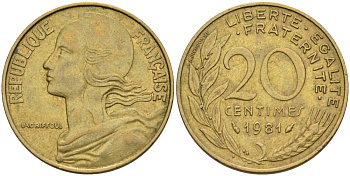 ФРАНЦИЯ 20 САНТИМОВ 1981 ТИП MARIANNE KM 930, LE FRANC 156.21 медь алюминий никель 4573-1046