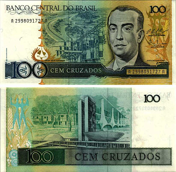 БРАЗИЛИЯ 100 КРУЗАДО 1987 СЕРИЯ 2998, ПОДПИСЬ 25 Pick 211с бумага аUNC 7205-40-2-2