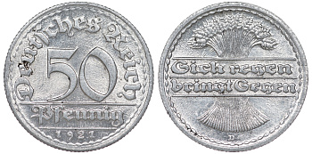 Германия 50 пфеннигов 1921 D KM 27, J. 301 алюминий aUNC 4114-846