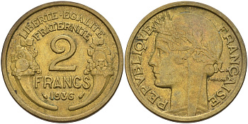 Франция 2 франка 1936 Третья республика (1871-1940) KM 886, Le Franc 219.3 алюминиевая бронза 4144-333