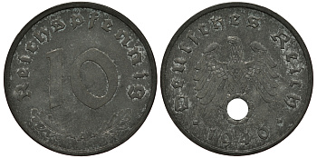ГЕРМАНИЯ 10 РЕЙХСПФЕННИГОВ 1940 A, KM 101, J. 371 цинк UNC 413-3611