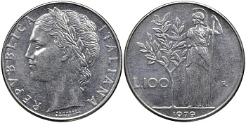 Италия 100 лир 1979 R, Афина в доспехах KM 96.1 нержавеющая сталь 4165-226