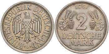 ФРГ 2 марки 1951 J KM 111, J. 386 медно-никель плакированный никелем 4187-1121