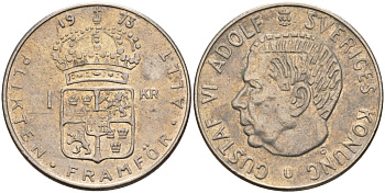 Швеция 1 крона 1973 U, Густав VI Адольф (1950-1973) KM 826a медь плакированный медно-никелем 4150-344