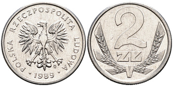 Польша 2 злотых 1989 MW, Народная Республика KM 80.3, Parchimowicz 219a алюминий UNC 4580-764