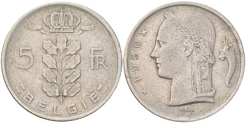 Бельгия 5 франков 1950 Belgique, Леопольд III (1934-1951) KM 135 медно-никель 4159-651