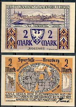 Германия, Арнсберг 2 марки 1921 нотгельд, 15 декабря 1921 - 15 октября 1922 Grabowski 42.2  бумага  UNC (пресс) 00-00
