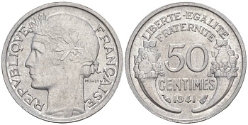 ФРАНЦИЯ 50 САНТИМОВ 1941 ТИП MORLON LOURDE KM 894.1a, LE FRANC 193.2 алюминий 44-216