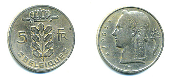 БЕЛЬГИЯ 5 ФРАНКОВ 1963 BELGIQUE KM 134.1 медно-никель 59-1633