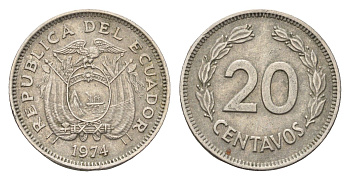 Эквадор 20 сентаво 1974 год-тип KM 77.2 медно-никель 4579-252