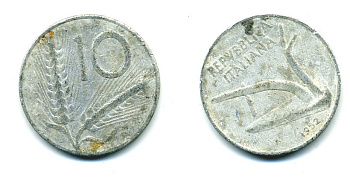 ИТАЛИЯ 10 ЛИР 1952 R ПЛУГ KM 93 алюминий 23-1315